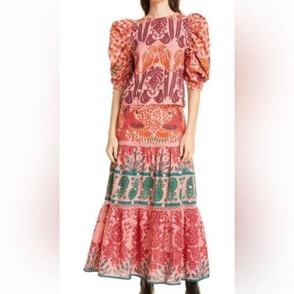 FARM Rio “Ainika Macaws” Puff-Sleeve Cotton Blouse • Size XL • Tropical Print - Picture 6 of 16